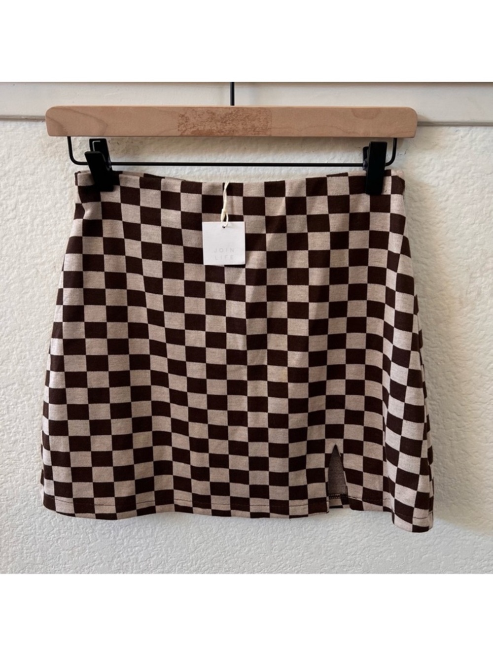 ASOS Pull&Bear brown checkered mini skirt with slit size M - Picture 2 of 10